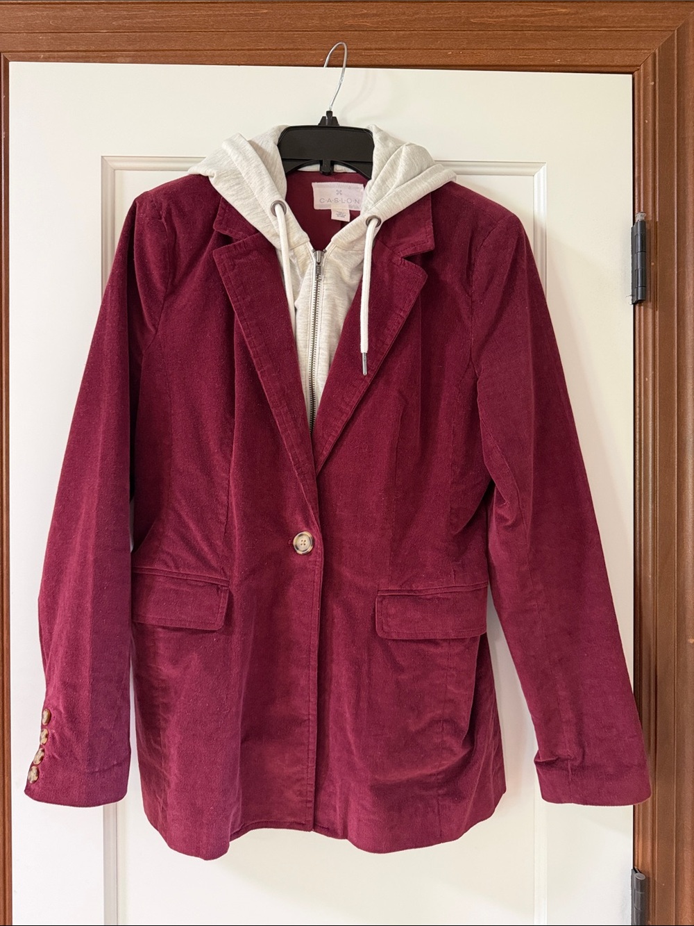 Caslon Burgundy Corduroy Blazer with Light Gray Hoodie Layer